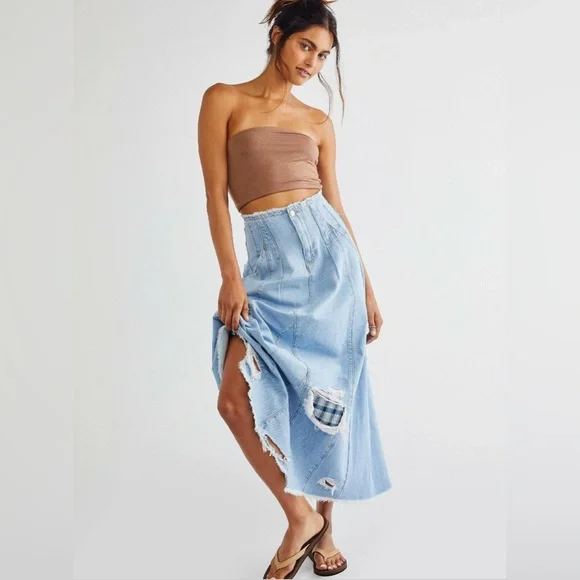 We The Free Riptide Denim Maxi Skirt | Sz 0 (XS) | Distressed Plaid Patchwork - Picture 9 of 9